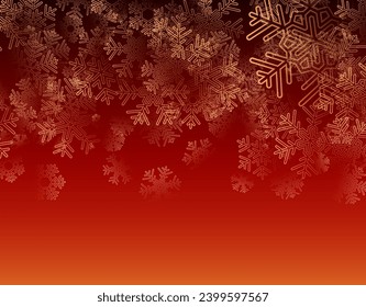 Fondo de invierno de gradiente rojo con detallados copos de nieve dorados. Cartel de Navidad y feliz año nuevo. Ilustración vectorial.