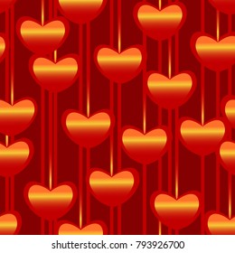 Red gradient of yellow and orange hearts overlay the different red stripes on purple background.
