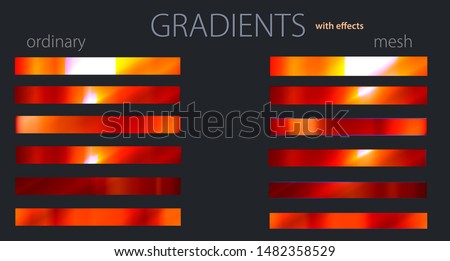 Red gradients with effects. Set or palette. Mesh and regular gradients. Warm colors. For designers. Vector illustration. Holiday colors. Graphic resources. 