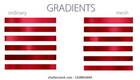 Red gradients. Set or palette. Mesh and regular gradients. Warm colors. For designers. Vector illustration. Holiday colors. Graphic resources. Scarlet color.