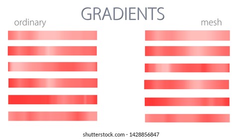 Red gradients. Set or palette. Mesh and regular gradients. Warm colors. For designers. Vector illustration. Holiday colors. Graphic resources. Pink color.