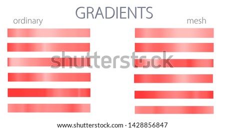 Red gradients. Set or palette. Mesh and regular gradients. Warm colors. For designers. Vector illustration. Holiday colors. Graphic resources. Pink color.