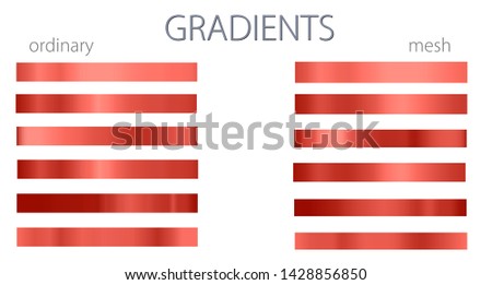 Red gradients. Set or palette. Mesh and regular gradients. Warm colors. For designers. Vector illustration. Holiday colors. Graphic resources. Pink color.