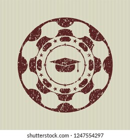 Red graduation cap icon inside distressed rubber texture