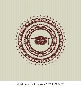 Red graduation cap icon inside distressed rubber grunge texture stamp
