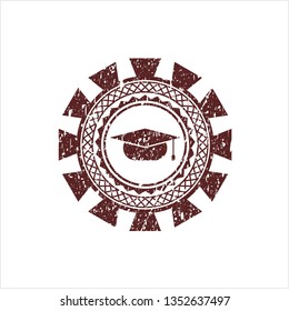 Red graduation cap icon inside distressed rubber grunge stamp