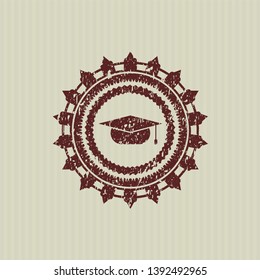Red graduation cap icon inside grunge seal
