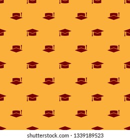 Red Graduation cap icon isolated seamless pattern on brown background. Graduation hat with tassel icon. Flat design. Vector Illustration
