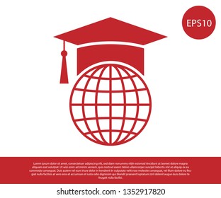 Red Graduation cap on globe icon isolated on white background. World education symbol. Online learning or e-learning concept. Vector Illustration