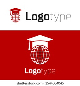 Red Graduation cap on globe icon isolated on white background. World education symbol. Online learning or e-learning concept. Logo design template element. Vector Illustration