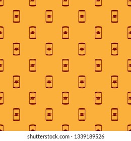 Red Graduation cap on screen smartphone icon isolated seamless pattern on brown background. Online learning or e-learning concept. Flat design. Vector Illustration