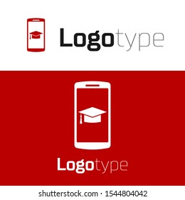 Red Graduation cap on screen smartphone icon isolated on white background. Online learning or e-learning concept. Logo design template element. Vector Illustration