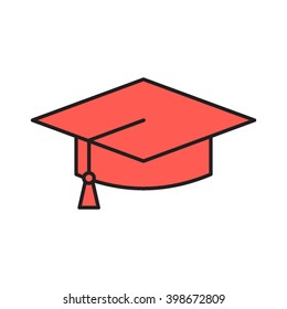 Red graduation hat. Vector flat icon design on white background. Element for logo.