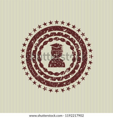 Red graduation icon inside distress with rubber seal texture