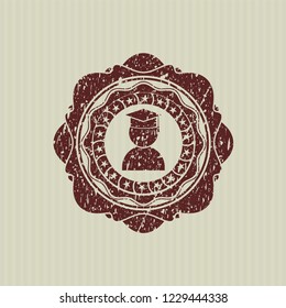 Red graduation icon inside distressed rubber grunge stamp