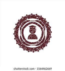 Red graduation icon inside distressed rubber stamp