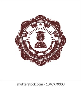 Red graduation icon inside distressed rubber grunge texture seal. 