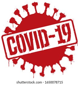 Red graffiti with coronavirus representation and space for this name: Covid-19 in reference to the Wuhan virus.