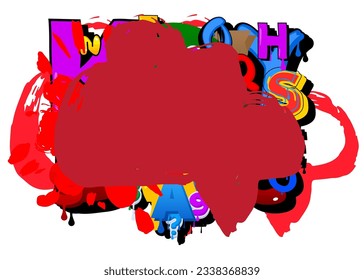 Red Graffiti speech bubble on colorful background. Abstract modern Messaging sign street art decoration, Discussion icon performed in urban painting style.