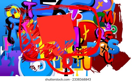 Red Graffiti speech bubble on colorful background. Abstract modern Messaging sign street art decoration, Discussion icon performed in urban painting style.