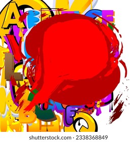Red Graffiti speech bubble on colorful background. Abstract modern Messaging sign street art decoration, Discussion icon performed in urban painting style.