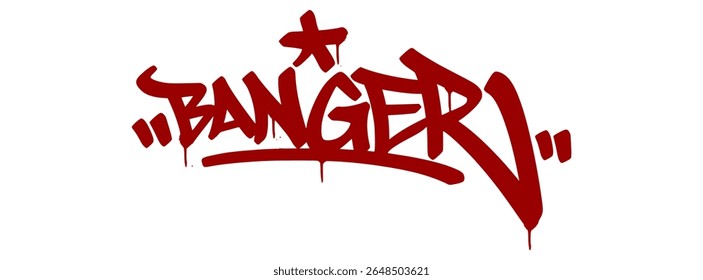 Grafite vermelho marca "Banger" com fundo transparente e estilo gotejamento negrito. Letras urbanas perfeitas para roupas de rua, música e cultura de design juvenil.
