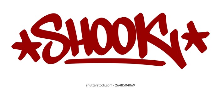 Red graffiti tag "Shook" in dramatic drip style with transparent background. Slang for being surprised, shocked, or emotionally overwhelmed.