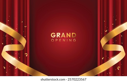 Red grand opening background with ribbon and curtain. Modern elegant promotional design.