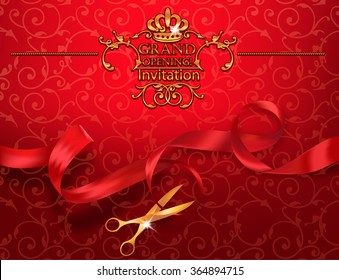 Red Grand Opening Invitation Card With Scissors And Red Ribbon