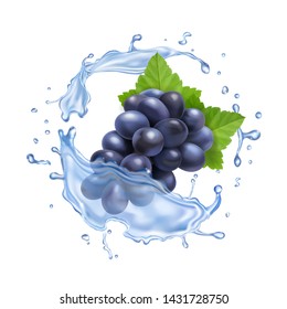 Red grape branch in water splash realistic vector icon.
