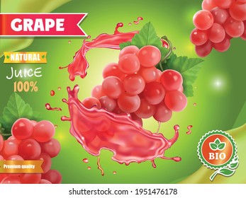 Red grape juice advertising on green background. Fruit juice splash pink grape poster. 3d realistic Vector illustration.