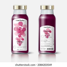 Red grape juice packaging. Beautiful transparency whole and cut fruits. Bottle template with face and back labels. 