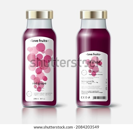 Red grape juice packaging. Beautiful transparency whole and cut fruits. Bottle template with face and back labels. 