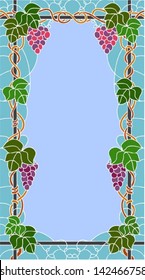 Red grape with leaf, vertical square symmetric composition, vector illustration in stained glass style