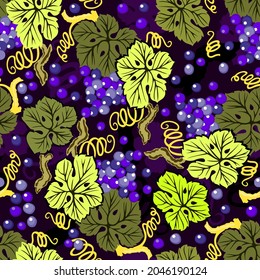 Red grape pattern. Vector seamless illustration. Branches of grapes on dark purple background.