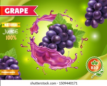 Red Grape In Realistic Juice Splash On Green Bokeh Background Advertising.