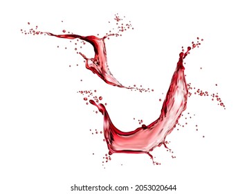 Red grape wine or cherry juice isolated liquid swirl splash with splatters, vector. Realistic fruit water or berry wine spill splash with pink flow wave. Grape, strawberry or garnett juice drops whirl