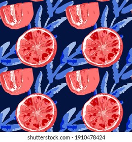 red grapefruit with leaves seamless vector pattern , watercolor texture, dark blue background