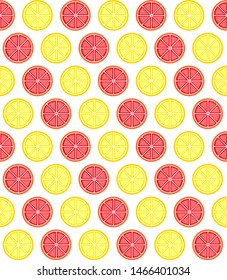 Red grapefruit and lemon decorative pattern on white background.