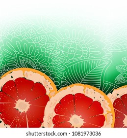 red grapefruit on green background with white pattern