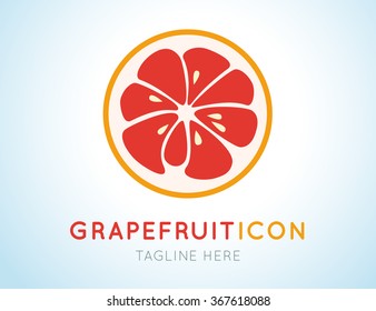 Red grapefruit stylish  icon isolated on white background. Juicy fruit logo. Logotype for citrus company. Refreshing yummy tropical summer fruit. Cocktail ingredient. Vector design illustration