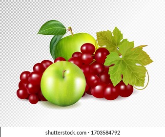 Uvas rojas, manzanas verdes, manzanas rojas aisladas en un fondo transparente. Vector realista de calidad, ilustración 3d