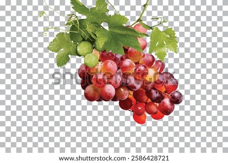 Red Grapes with green leaf isolated on transparent background