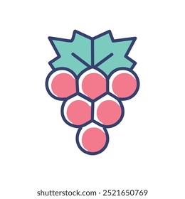 Red grapes icon. Simple illustration of a red grape bunch with a green leaf, symbolizing abundance, harvest, and growth.