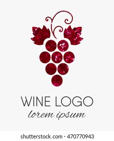 Red grapes logo with watercolor texture. Wine or vine logotype in grunge style. Brand design element for organic wine, wine list, menu, liquor store, selling alcohol, wine company. Vector illustration