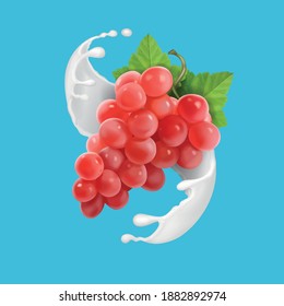 Red grapes in realistic milk splash or yogurt. Vector illustration.