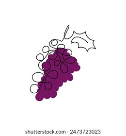 Red grapes single continuous contour drawing vineyard logo concept design. Fresh tropical healthy organic malbec fruit in outline style with spot. Modern one line hand drawn flat vector illustration