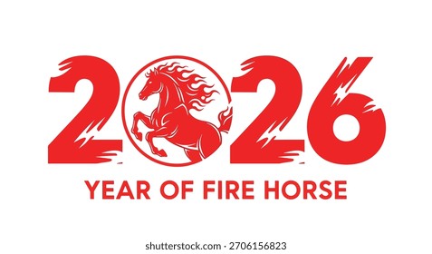 Diseño gráfico rojo que presenta el año 2026 con una silueta de caballo dentro de un círculo, que representa el año del caballo de fuego del zodiaco chino.