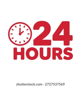 Red graphic displaying a clock and the text 24 hours prominently