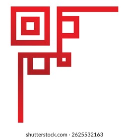 Red graphic element forming a right angle design with squares and lines on a white background
